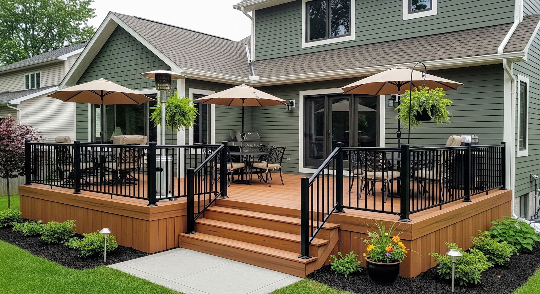 Composite deck with black aluminum railing in Sedro-Woolley, WA